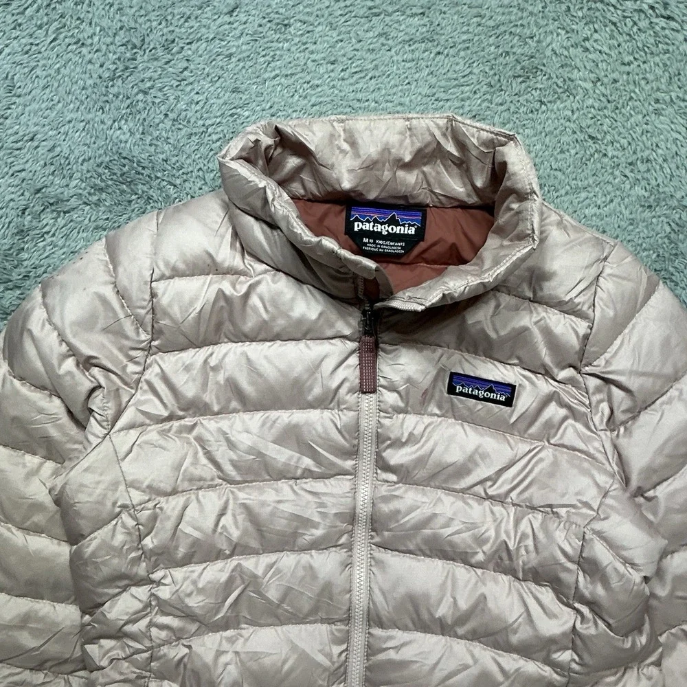 Patagonia Down Sweater Girls M (10) Pink Full Zip Puffer Jacket Outdoor *SPOTS